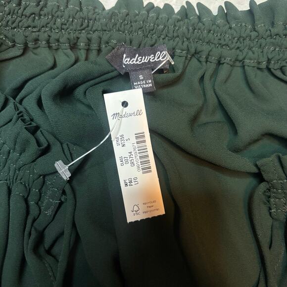 Madewell Smocked Peasant Blouse Green Long Sleeve Tie Neck Top Size S NWT - Picture 4 of 5